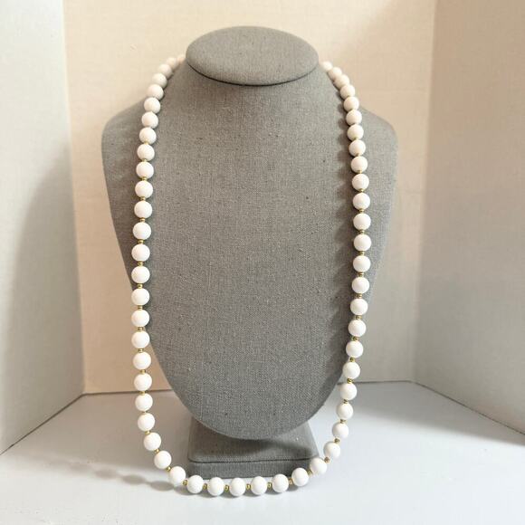Vintage  Monet White Lucite Necklace w/Hangtag Goldtone Mini Beads 15 inch - Picture 1 of 10
